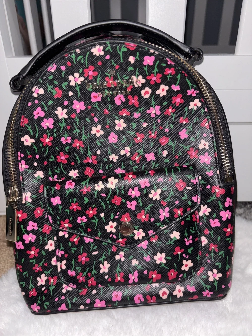 kate spade Black Floral Mini Backpack with Pink and White Blossoms